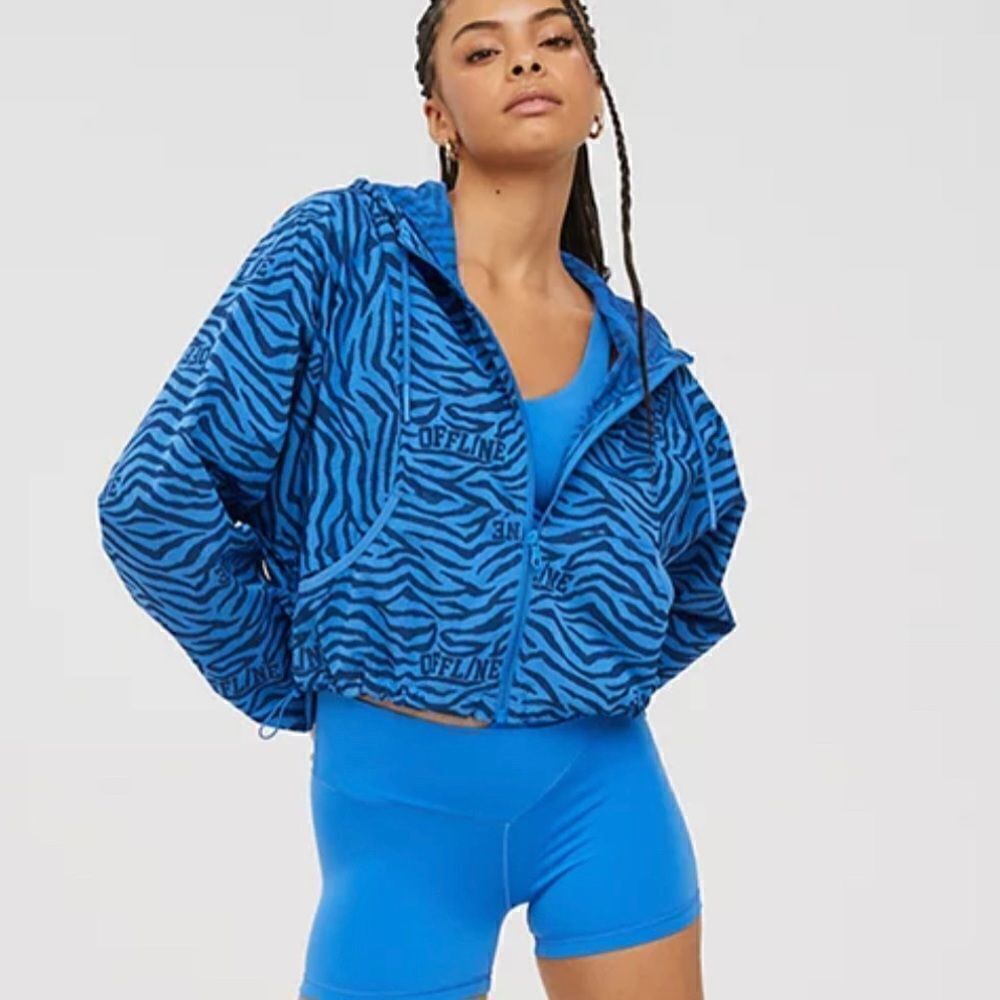 Aerie OFFLINE Cropped Jacket Blue Zebra Print Nylon Full Zip Athletic Size XL